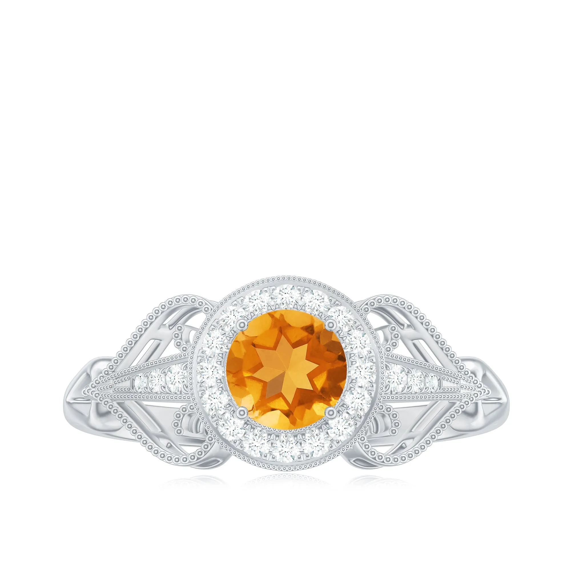 Vintage Citrine Diamond Engagement Ring with Beaded Detail