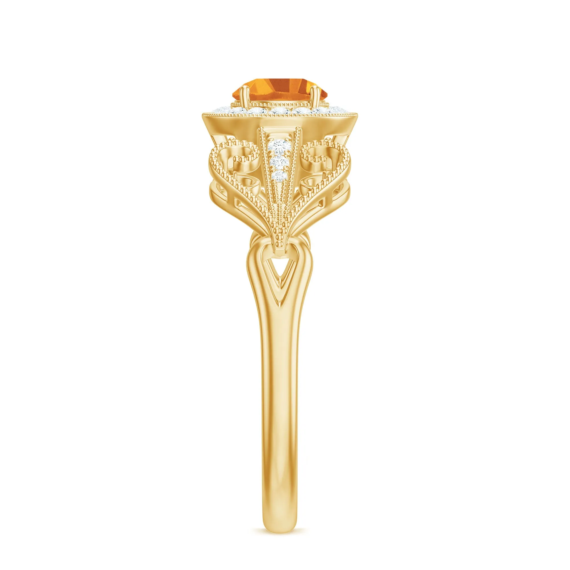 Vintage Citrine Diamond Engagement Ring with Beaded Detail