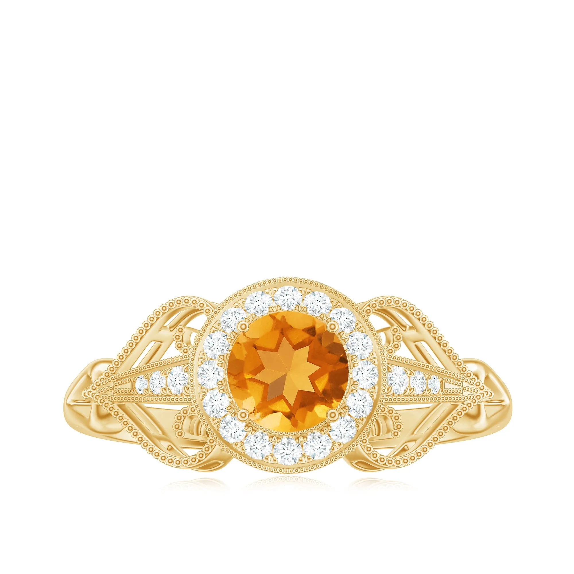 Vintage Citrine Diamond Engagement Ring with Beaded Detail