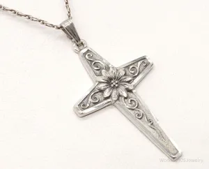 Vintage Designer M De Jean Flower Cross Sterling Silver Necklace