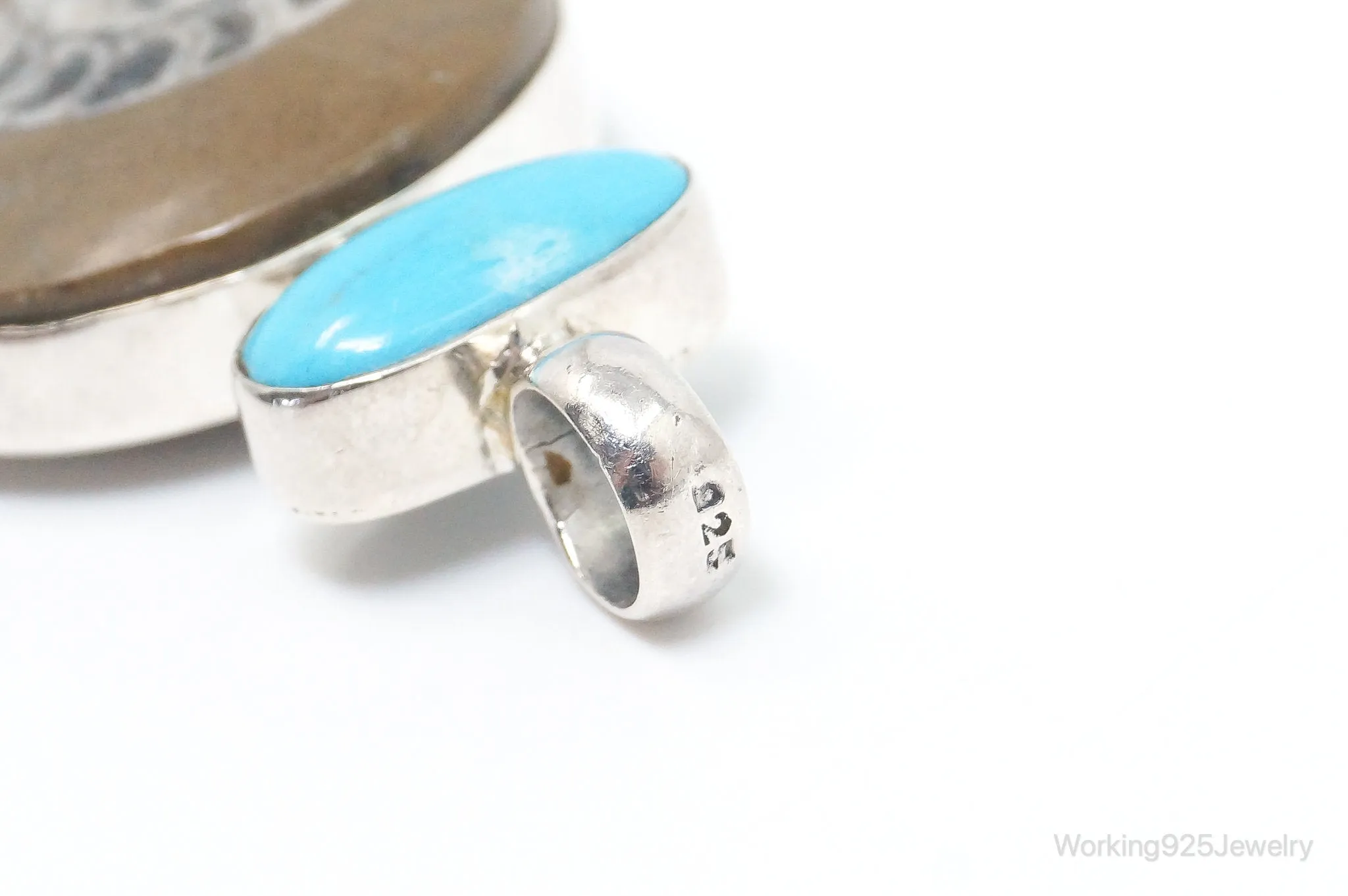 Vintage Large Fossil Shell Turquoise Gray Moonstone Sterling Silver Pendant