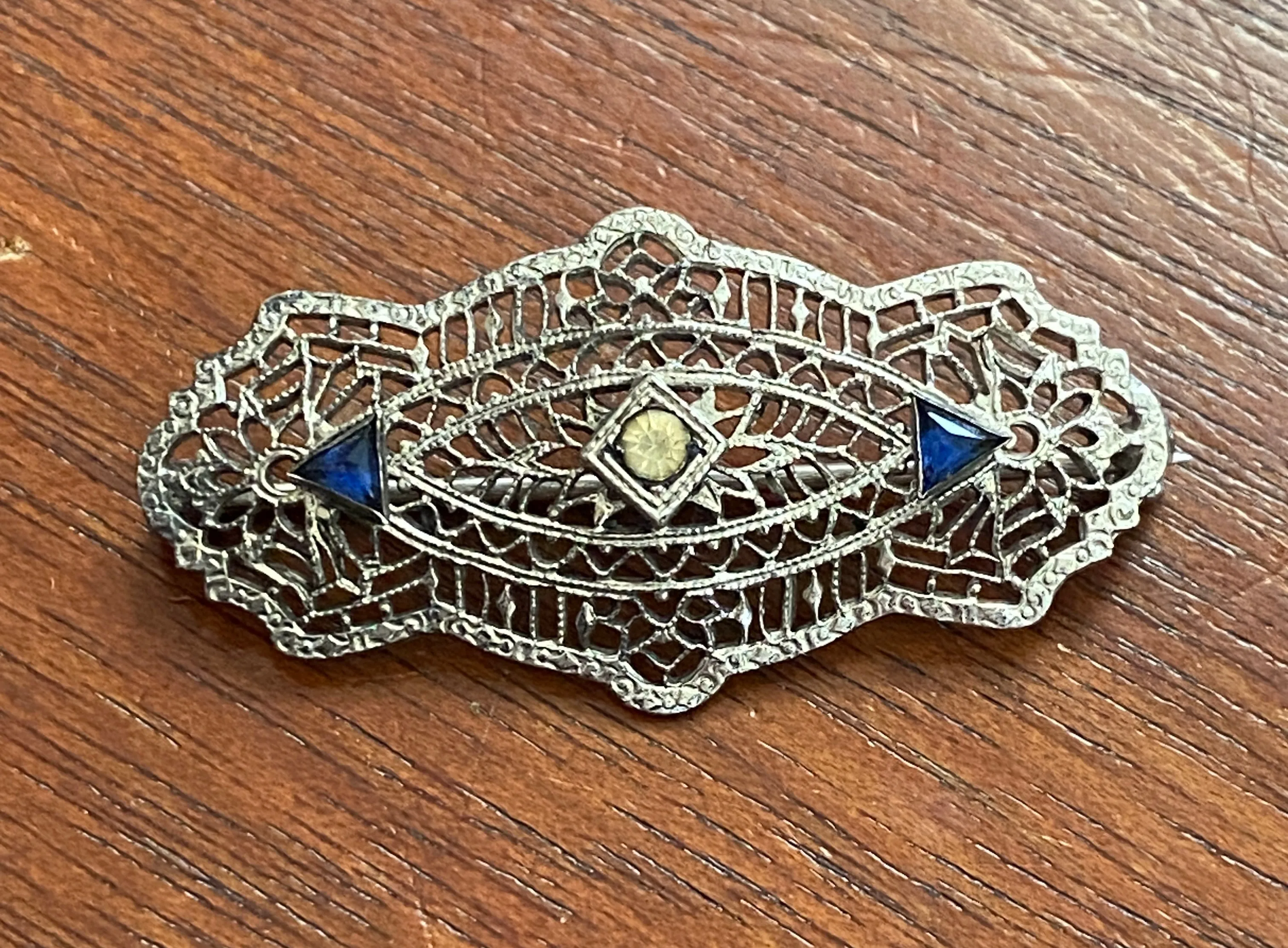 Vintage Sterling Silver 925 Filigree French Cut Rhinestone Brooch Pin
