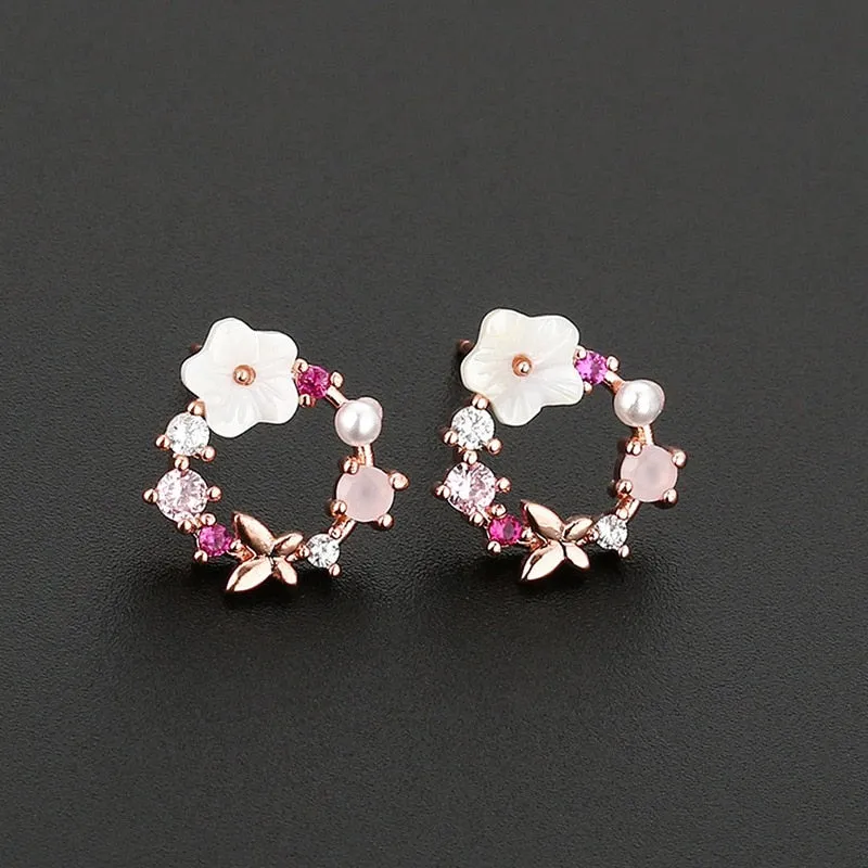 Wedding Jewelry Romantic Flower Stud Earrings for Women with Zircon in Gold Color
