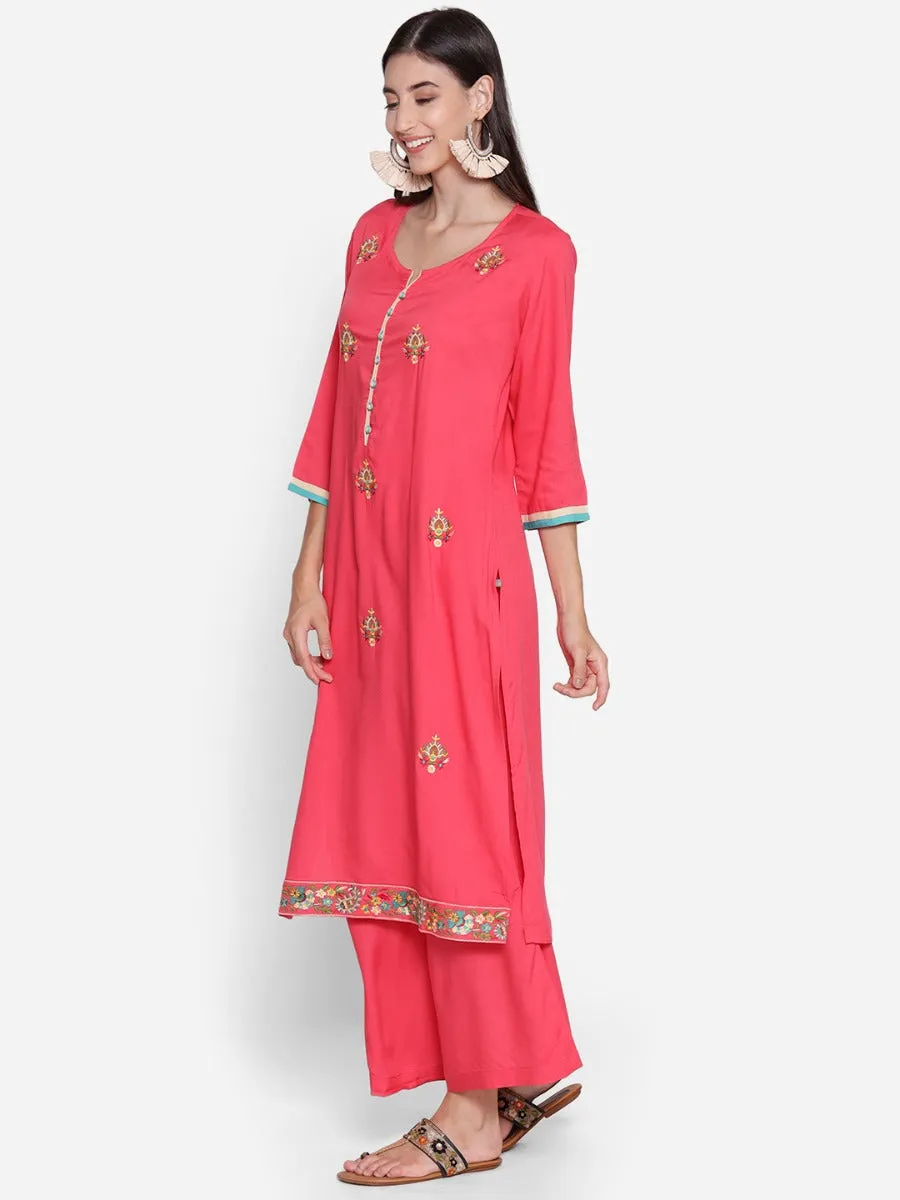 Women Coral Embroidered Kurta Palazzo Dupatta