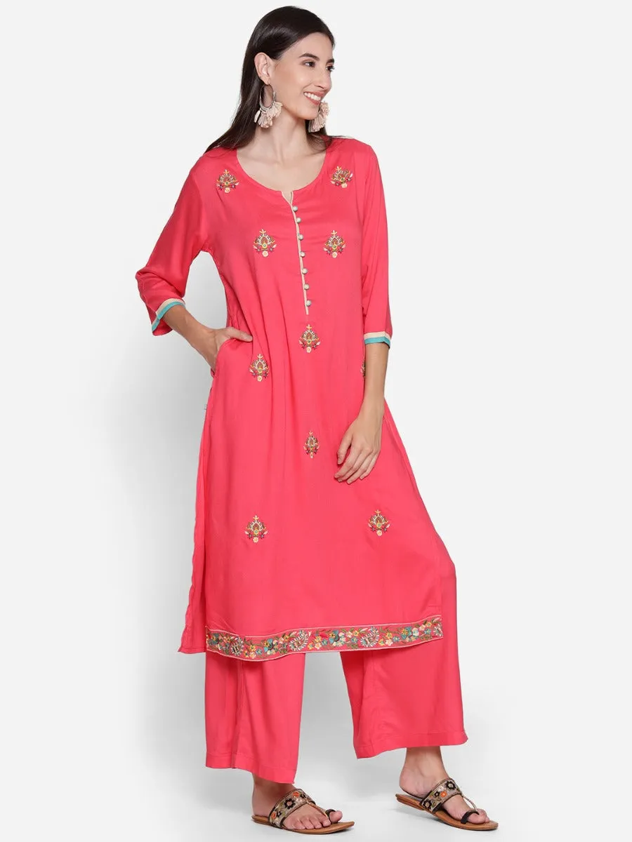 Women Coral Embroidered Kurta Palazzo Dupatta