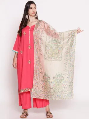 Women Coral Embroidered Kurta Palazzo Dupatta