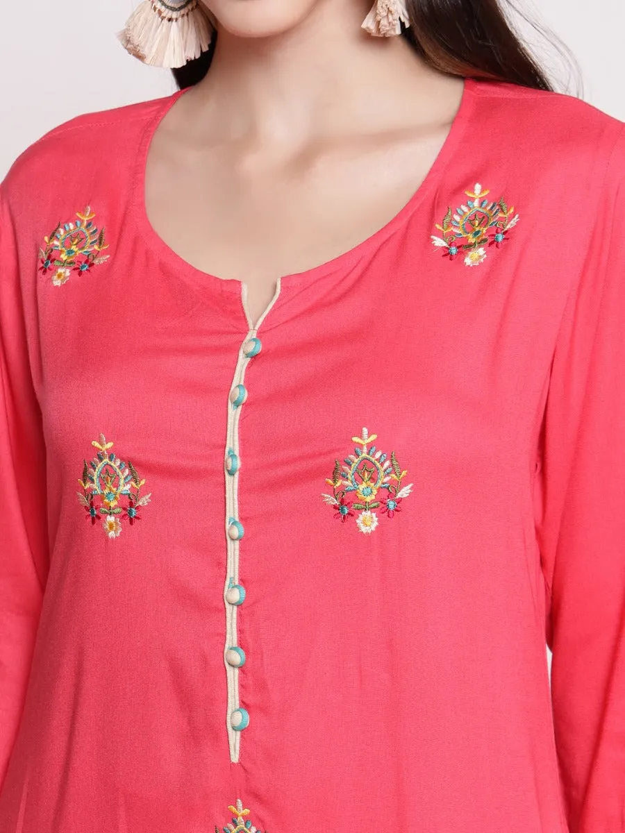 Women Coral Embroidered Kurta Palazzo Dupatta