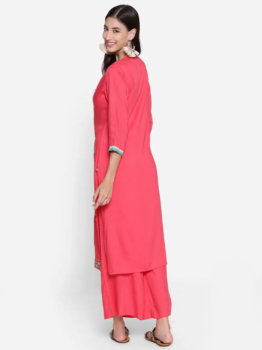 Women Coral Embroidered Kurta Palazzo Dupatta
