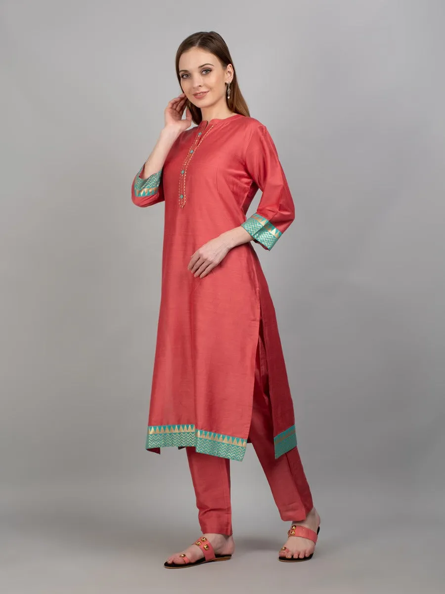 Women Coral Solid Kurta Trouser Dupatta