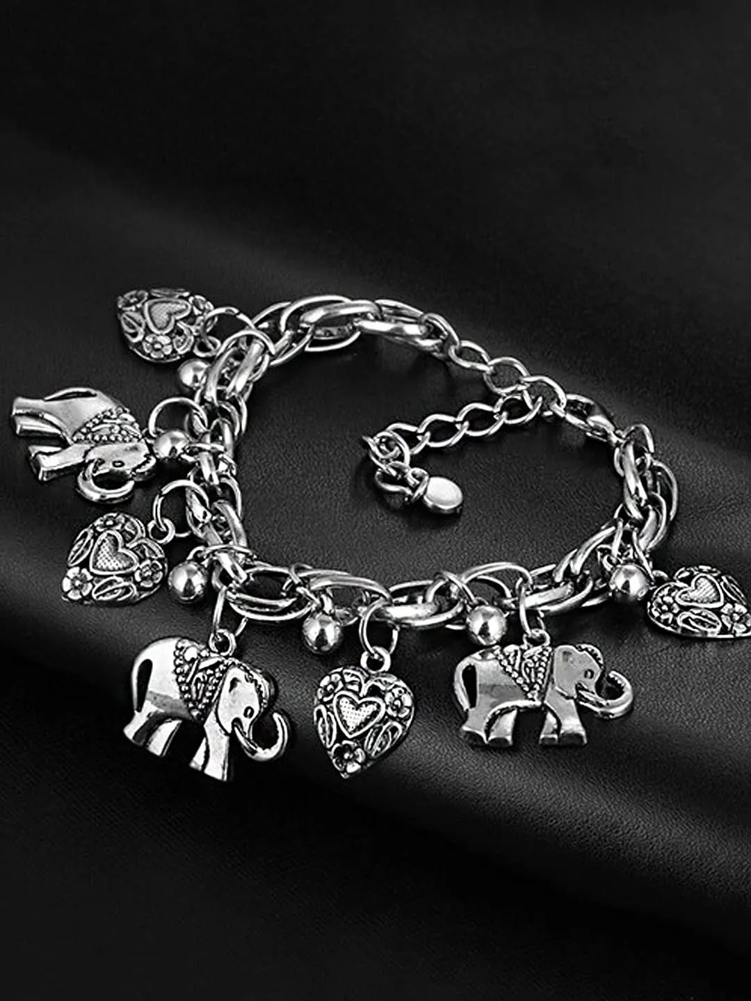 Yellow Chimes Anklets for Women Oxidised Silver-Toned Elephant & Heart Charm Anklet For Woman and Girls