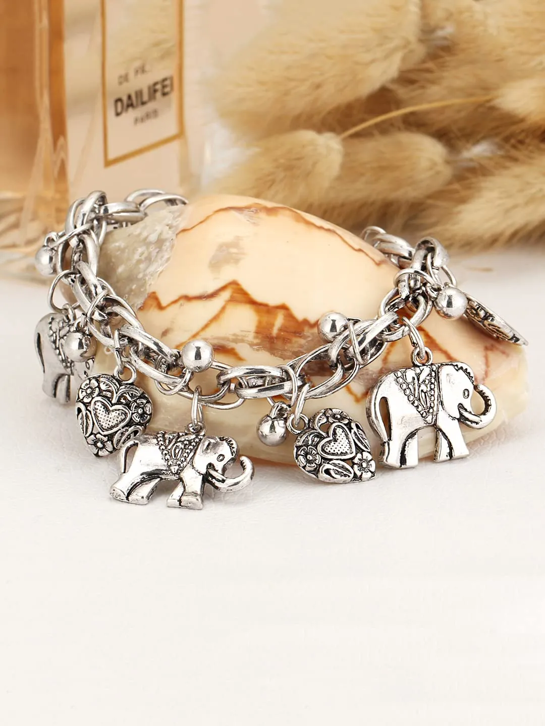 Yellow Chimes Anklets for Women Oxidised Silver-Toned Elephant & Heart Charm Anklet For Woman and Girls