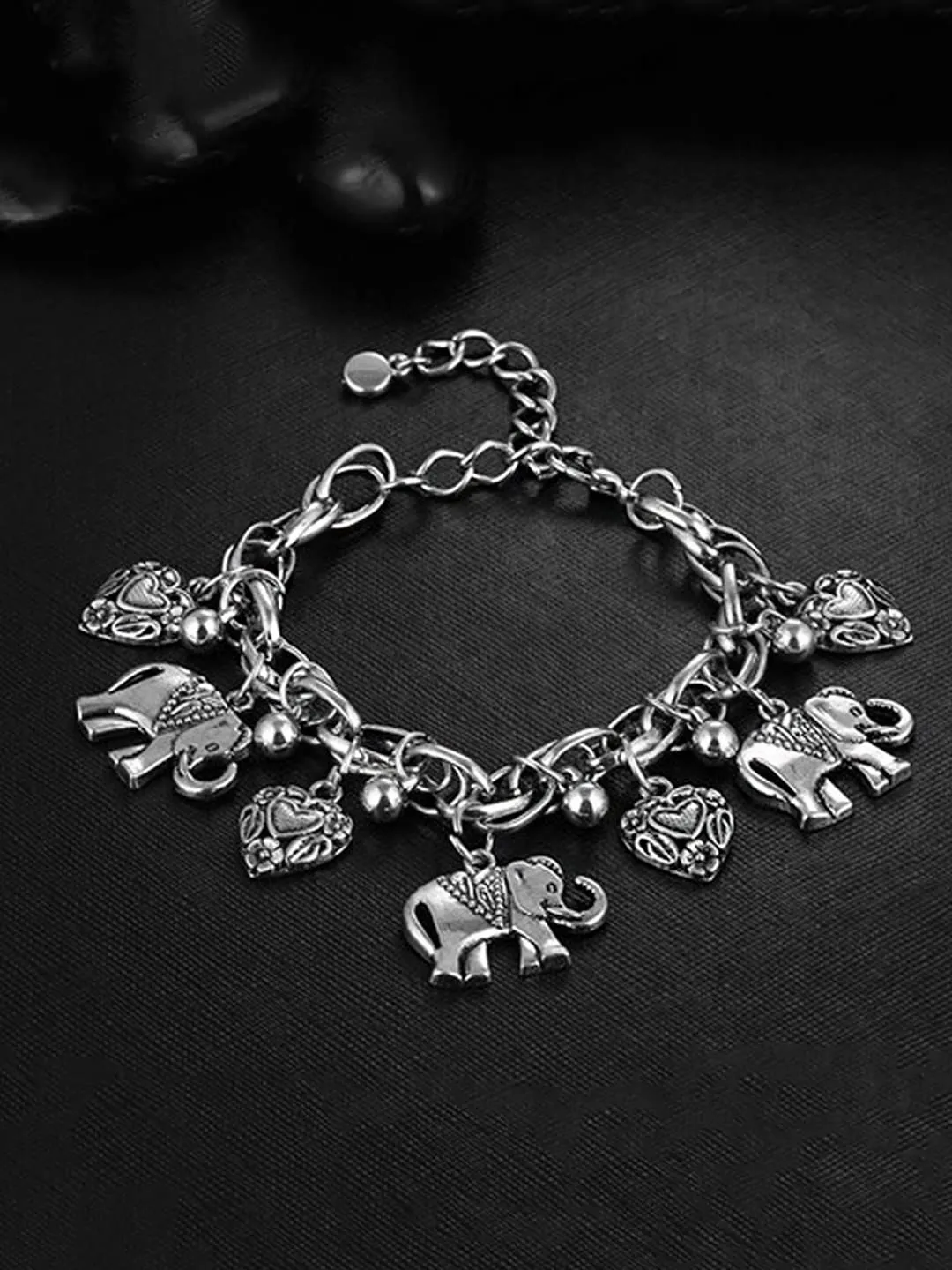Yellow Chimes Anklets for Women Oxidised Silver-Toned Elephant & Heart Charm Anklet For Woman and Girls
