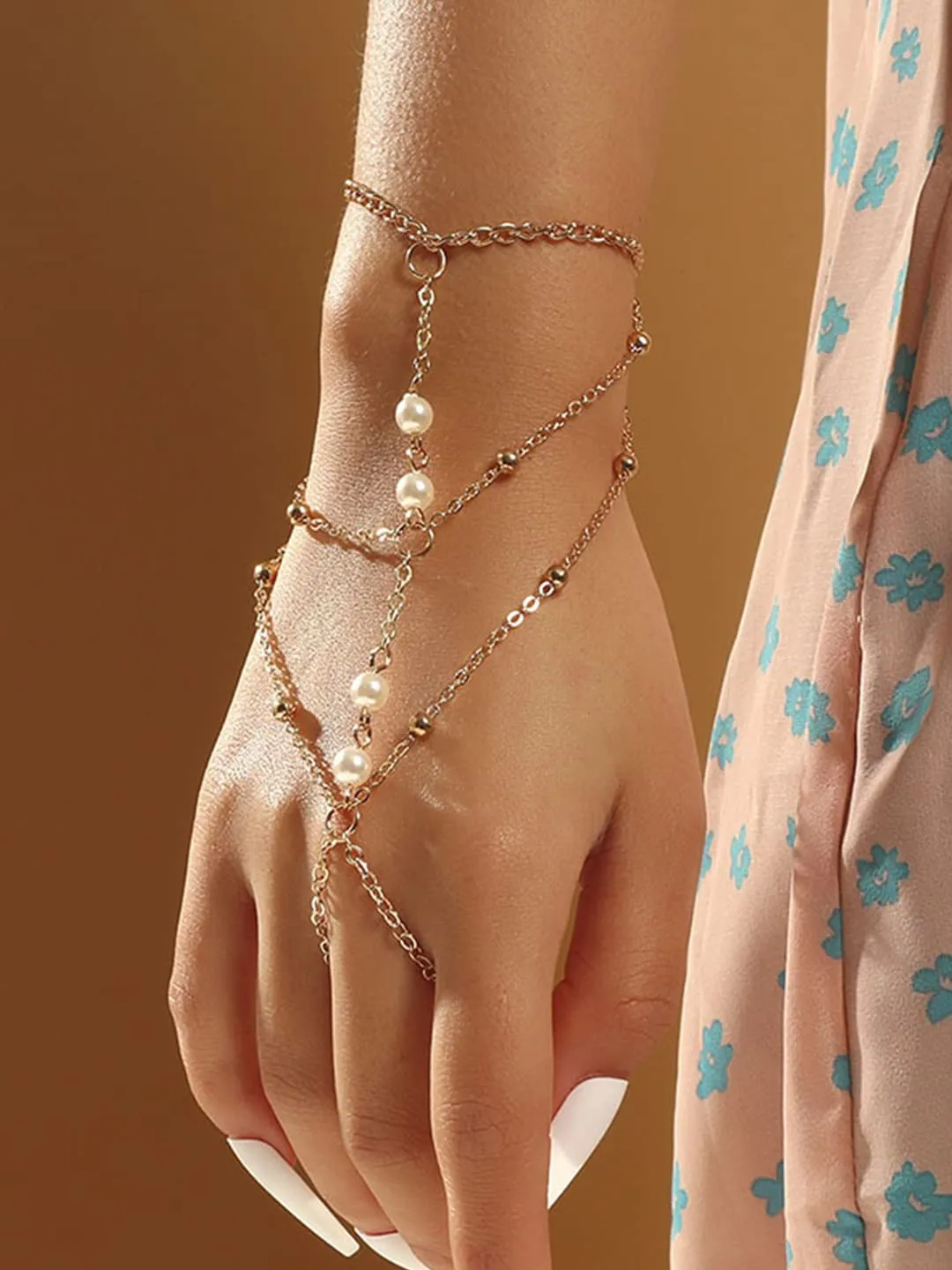 Yellow Chimes Ring Bracelet for Women and Girls Bohemia Layered Gold Pearl Finger Bracelet, Vintage Finger Chain Hand Bracelet for Women Girls